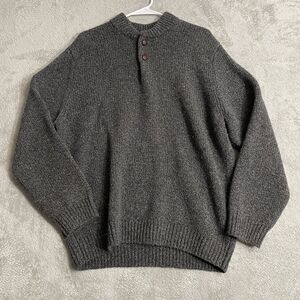 LL Bean Fisherman Sweater Men Large Gray 100% Lambswool Henley Ragg Wool Classic